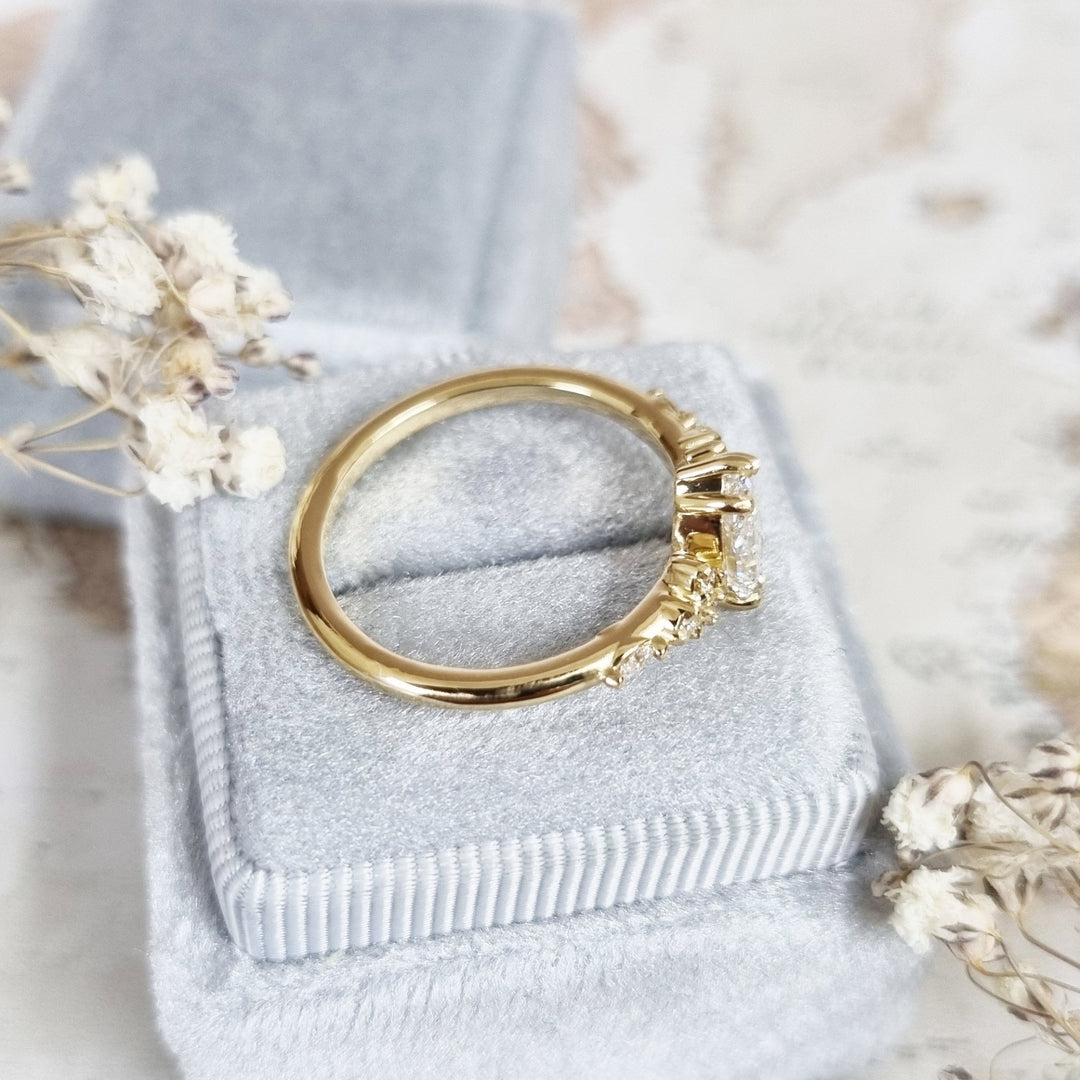 Pear pave diamond ring presented in signature gift packaging