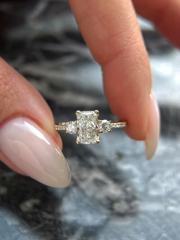 Shop radiant three stone lab grown diamond engagement ring