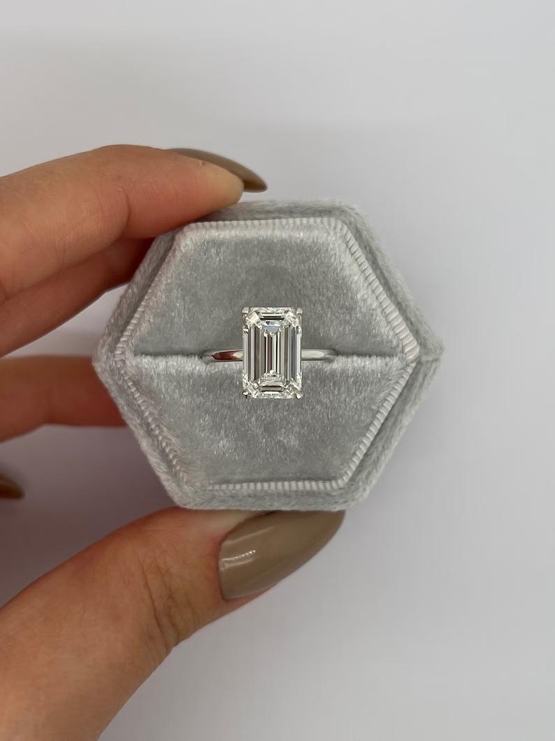 Handcrafted emerald cut solitaire lab grown diamond engagement ring