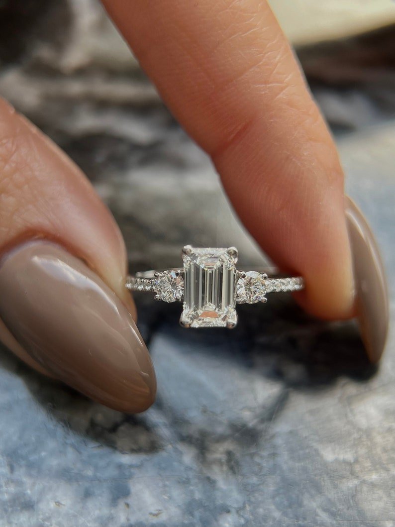 1.0CT emerald three stone lab grown diamond engagement ring for sale