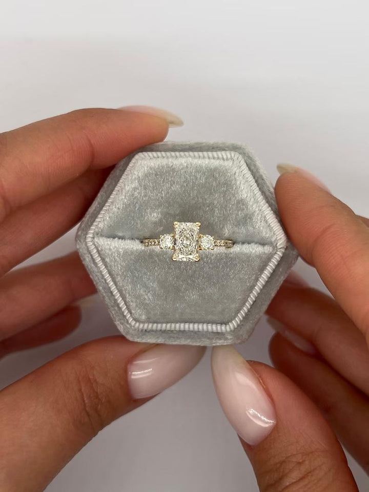 Shop radiant cut three stone lab grown diamond engagement ring online
