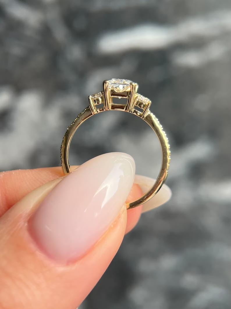 Radiant three stone engagement ring with certified lab grown diamond