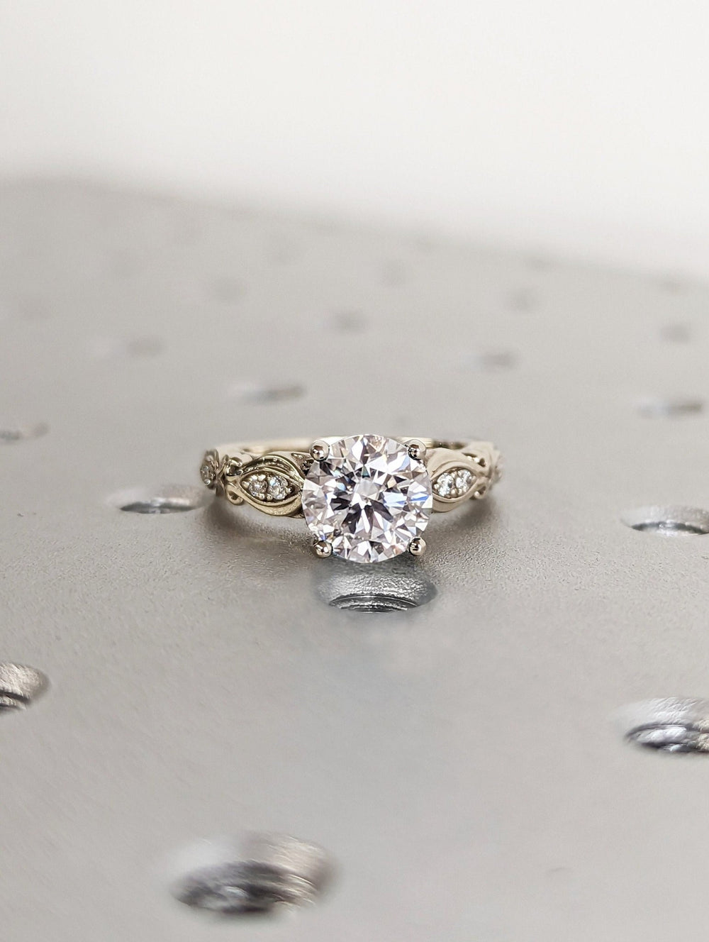 Round vintage lab grown diamond ring side profile in gold setting