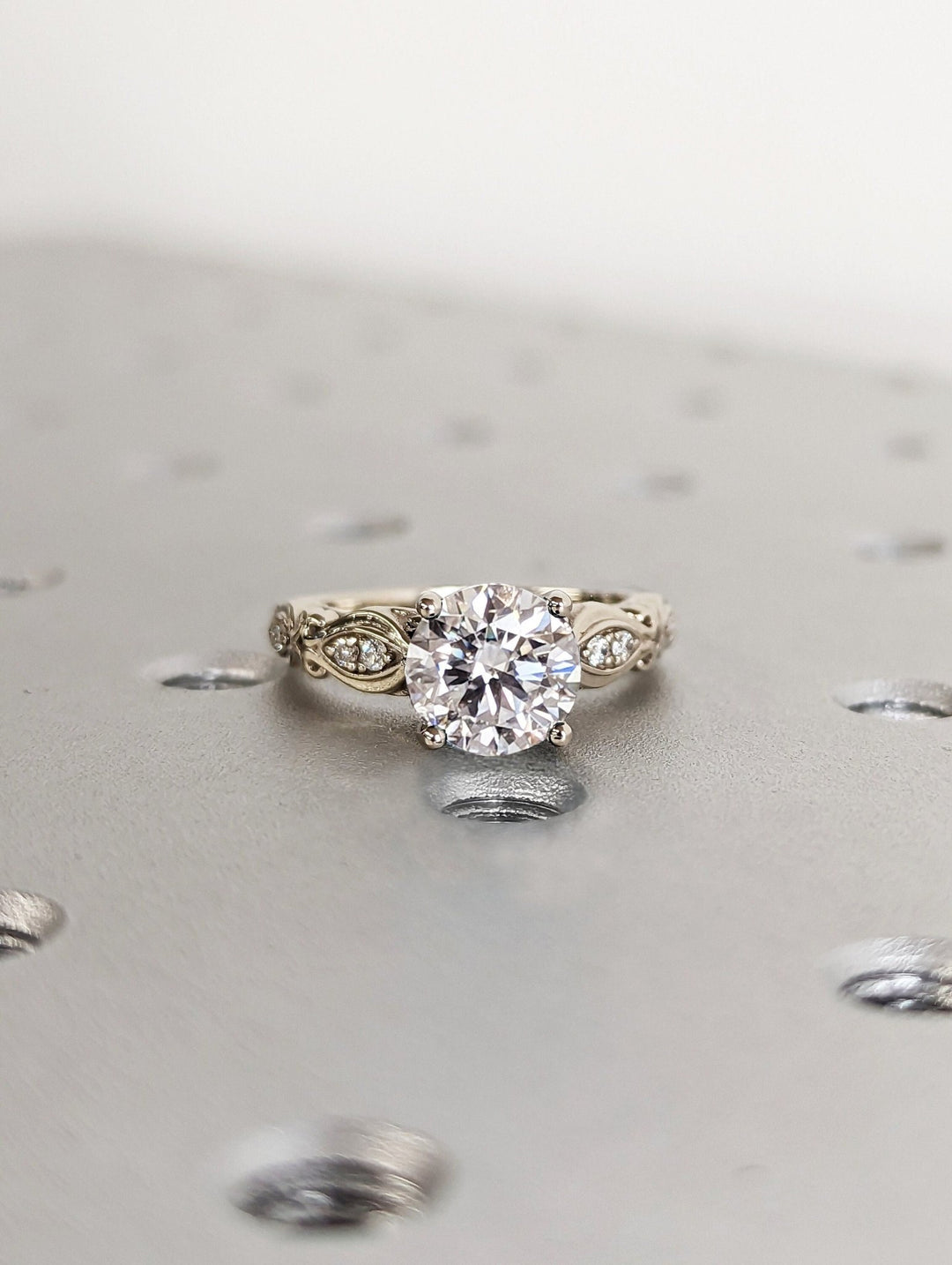 Round vintage lab grown diamond ring side profile in gold setting