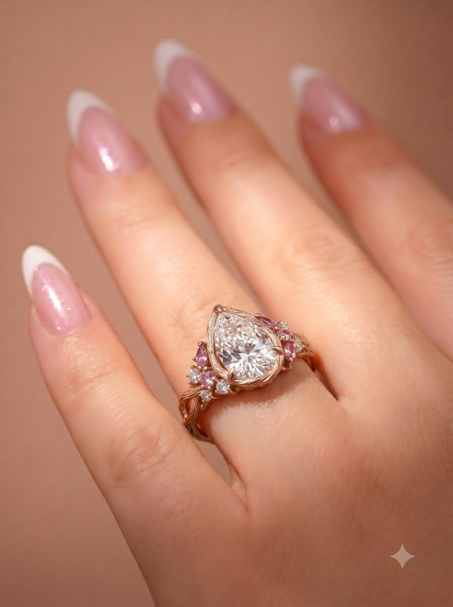 2.0CT Pear Lab Grown Diamond Pink Sapphire Accents Nature Inspired Engagement Rings