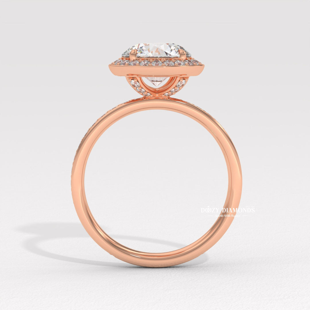 Round halo lab grown diamond ring side profile in gold setting