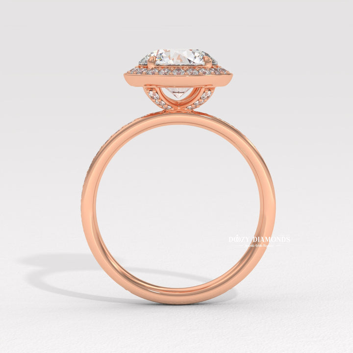 Round halo lab grown diamond ring side profile in gold setting