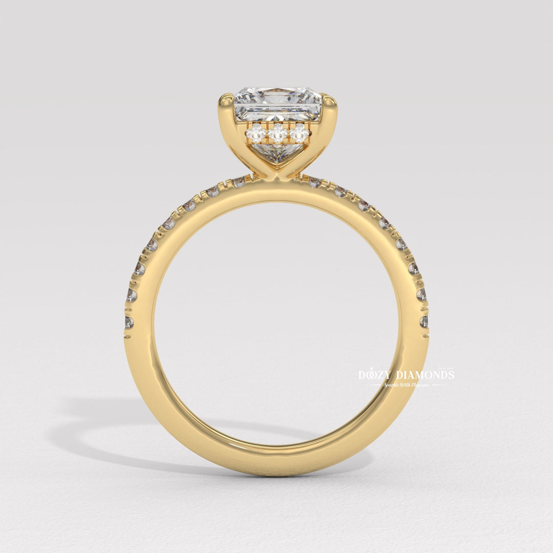 Princess cut hidden halo engagement ring shown in real-life wear