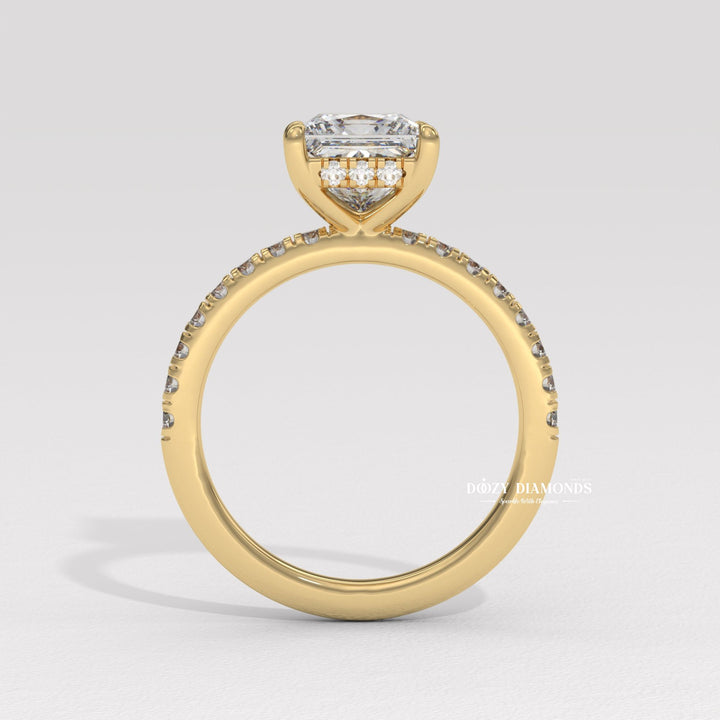 Princess cut hidden halo engagement ring shown in real-life wear