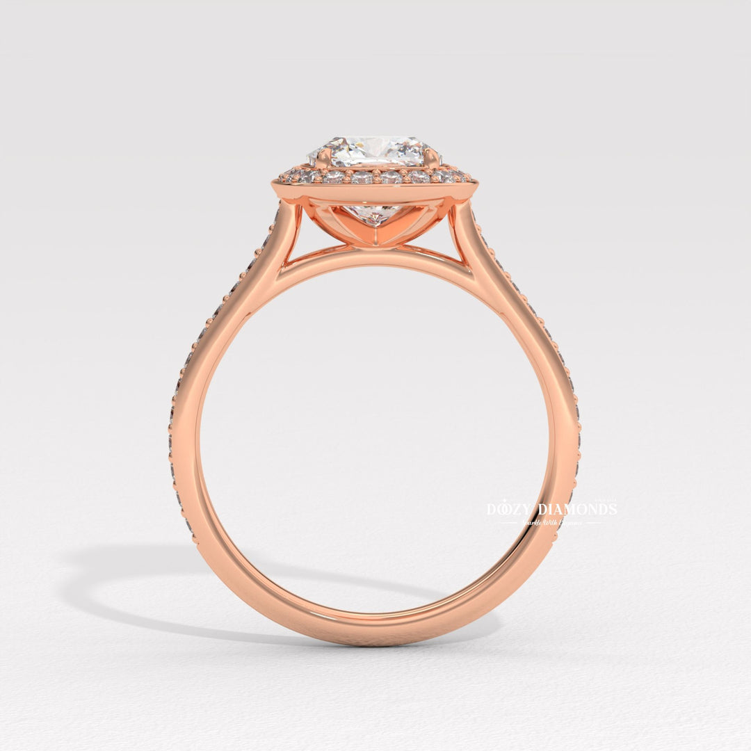 Cushion halo lab grown diamond ring fitted on finger