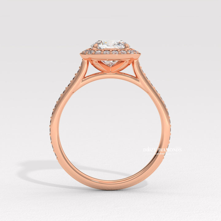 Cushion halo lab grown diamond ring fitted on finger