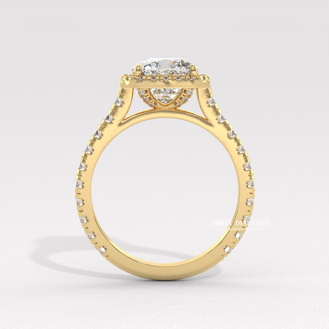 Cushion halo diamond ring displayed on jewelry stand