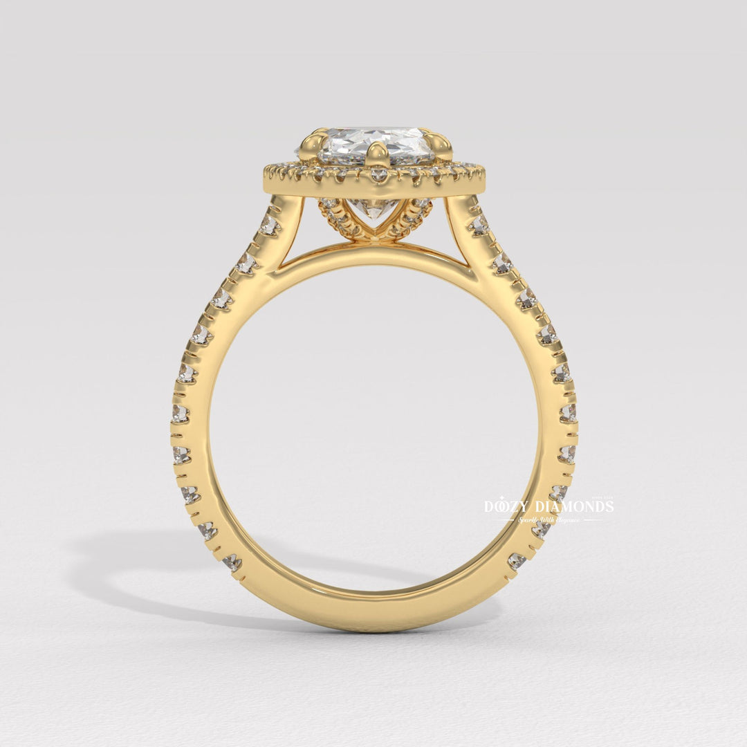 Pear halo engagement ring with certified lab grown diamond