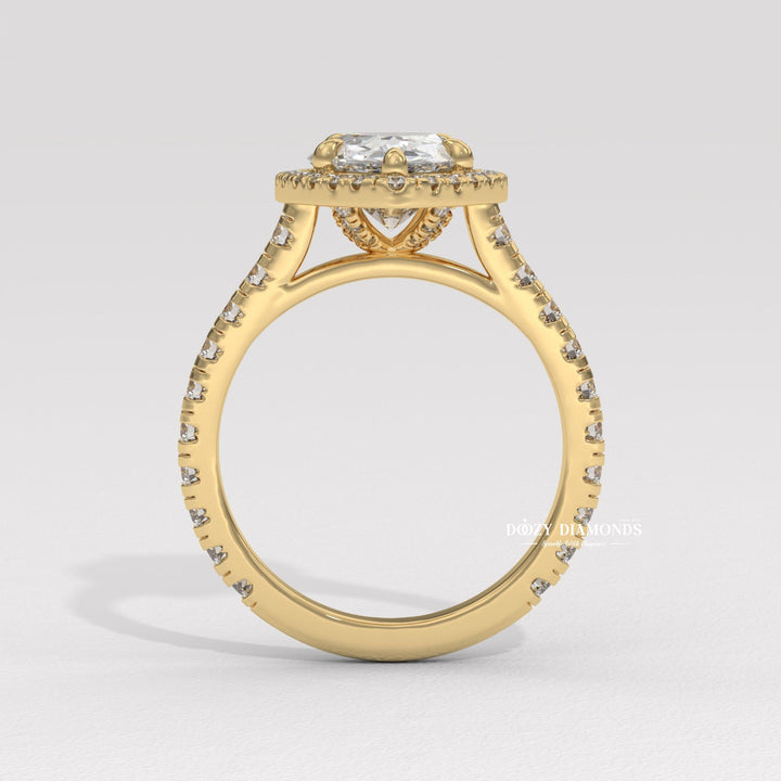 Pear halo engagement ring with certified lab grown diamond
