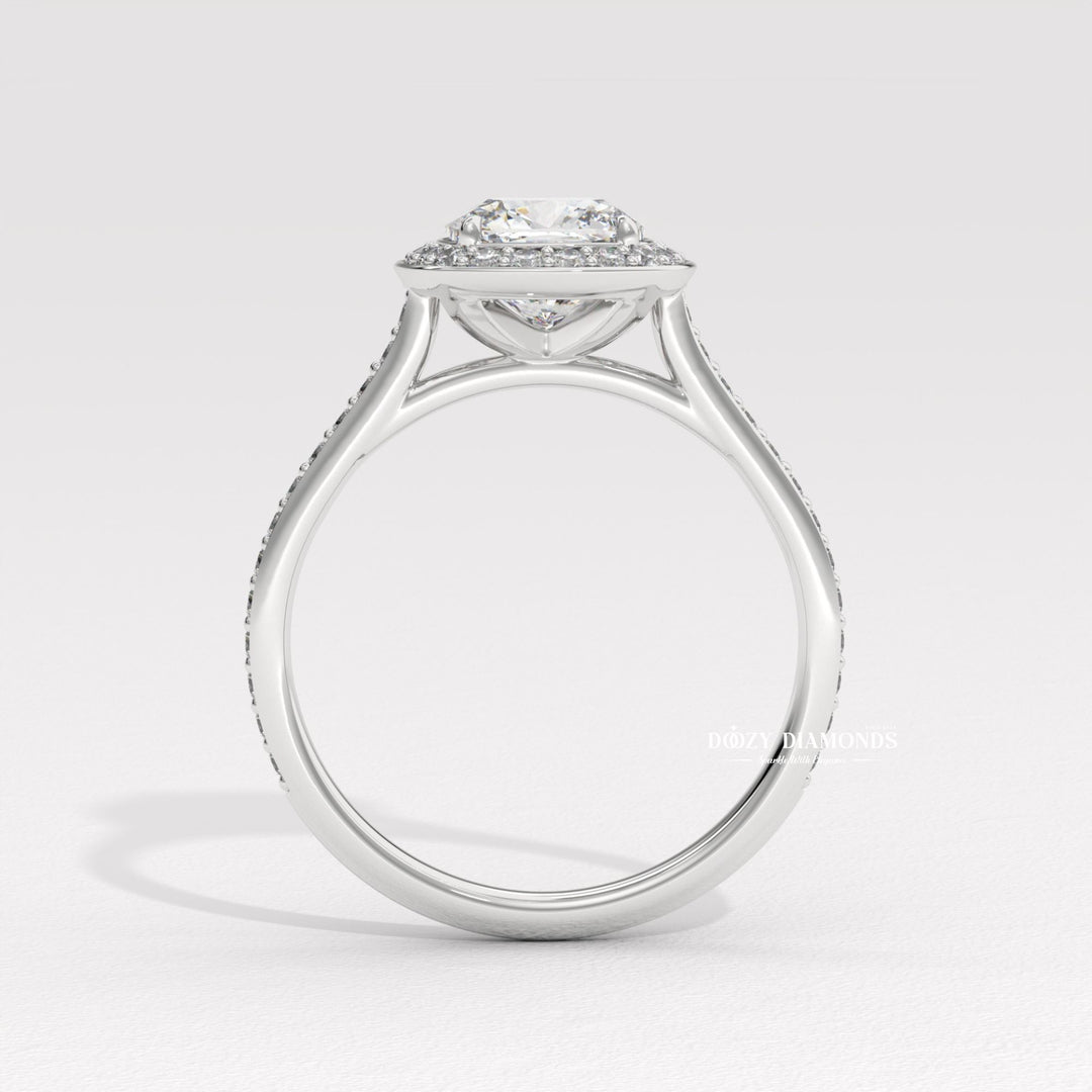 Side angle of cushion halo diamond engagement ring