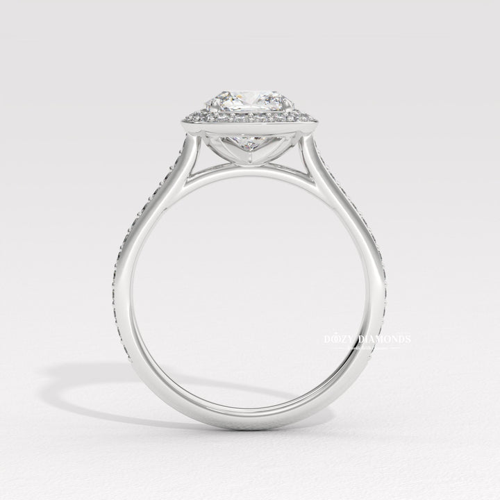Side angle of cushion halo diamond engagement ring