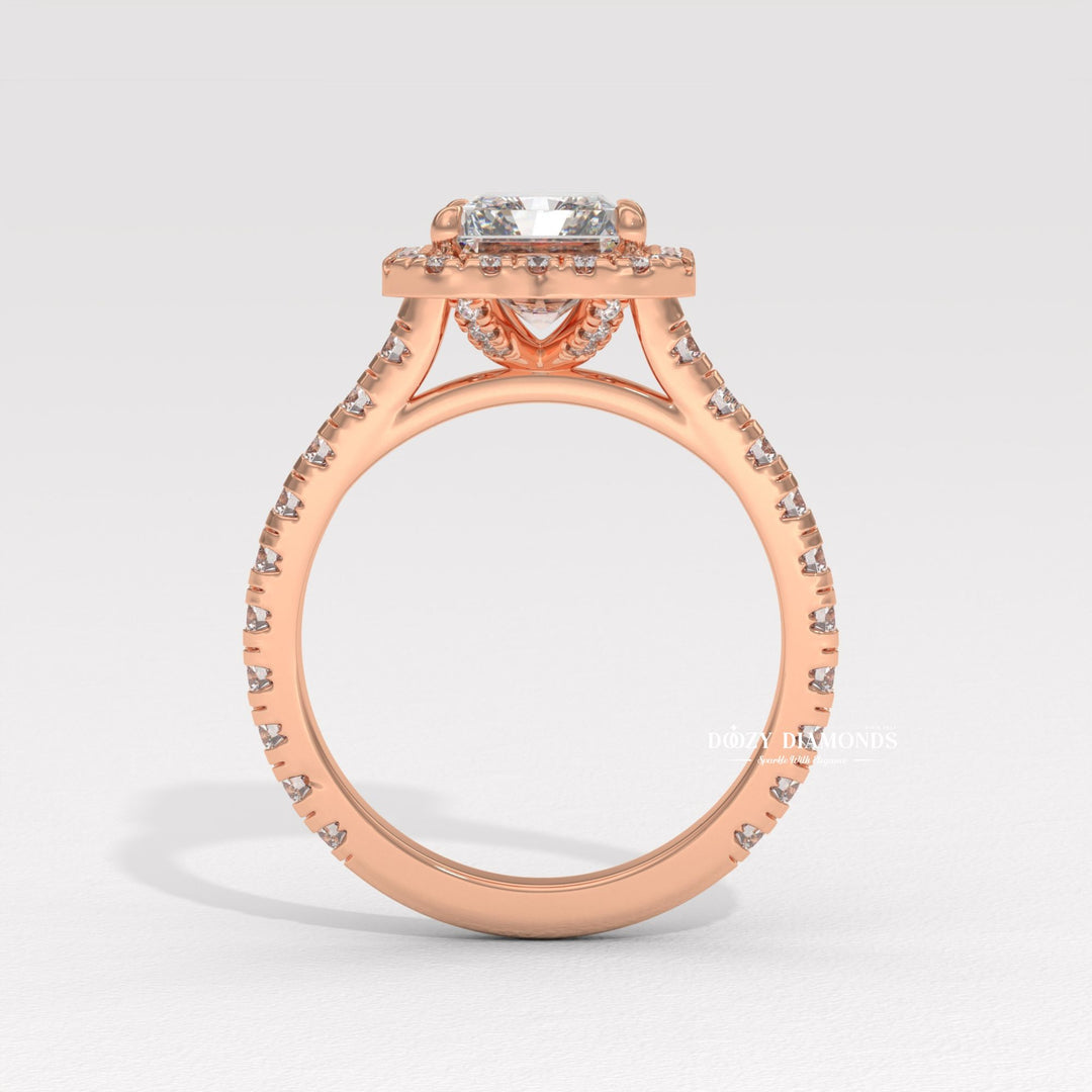 Radiant halo engagement ring with IGI certificate and packaging