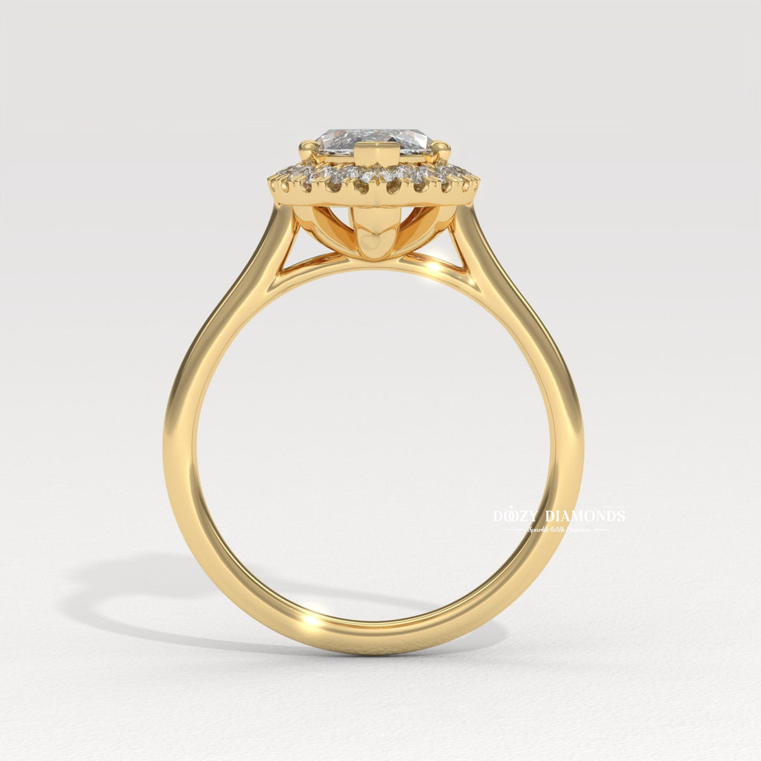 Marquise halo engagement ring close-up highlighting diamond sparkle