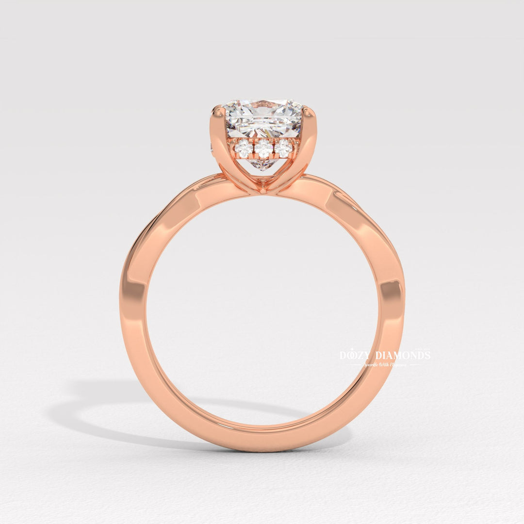 Profile view of cushion cut solitaire engagement ring band