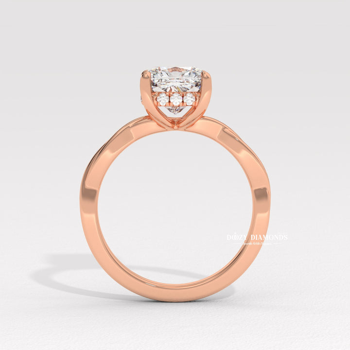 Profile view of cushion cut solitaire engagement ring band
