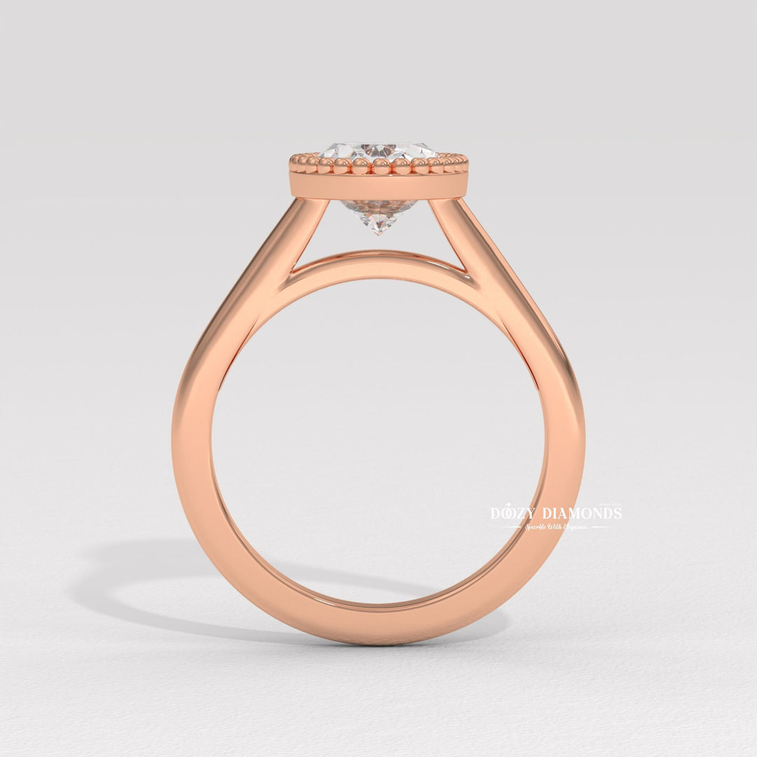 Oval bezel engagement ring close-up showing high clarity diamond clarity