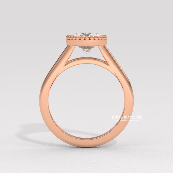 Oval bezel engagement ring close-up showing high clarity diamond clarity