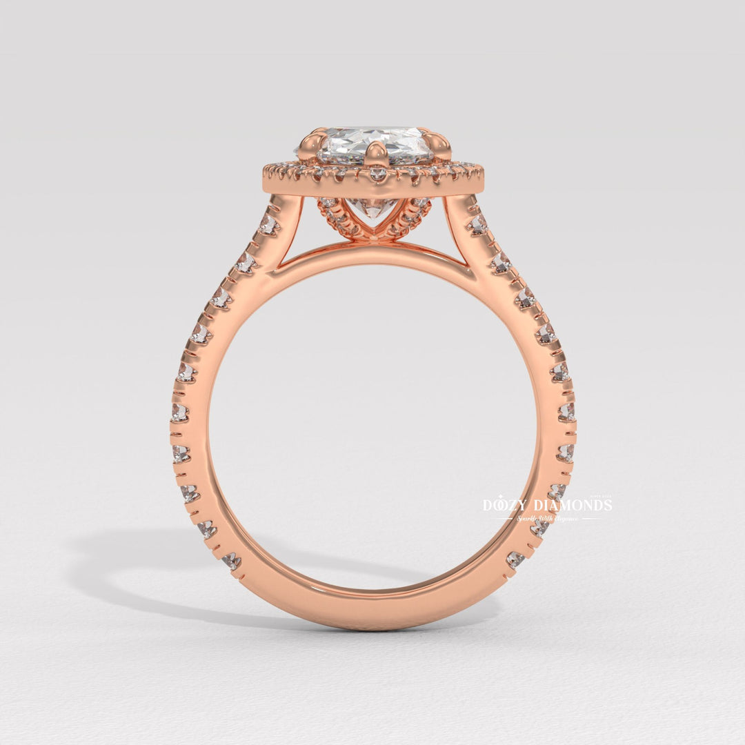 Pear halo diamond engagement ring available in multiple metals
