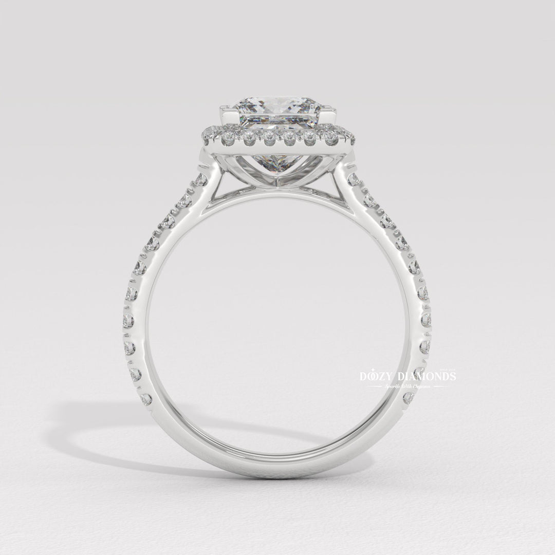 Princess halo engagement ring offered in gold and platinum
