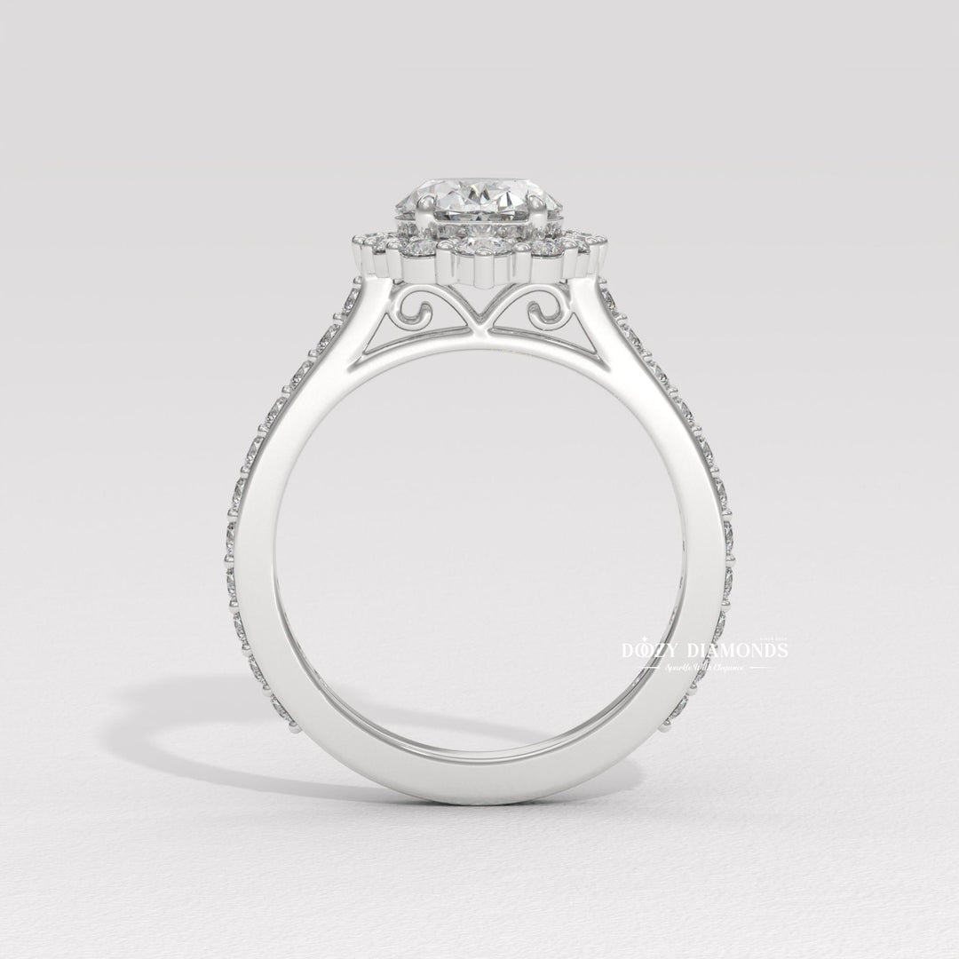 IGI certified oval cut diamond in halo engagement ring setting