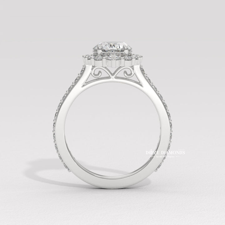 IGI certified oval cut diamond in halo engagement ring setting