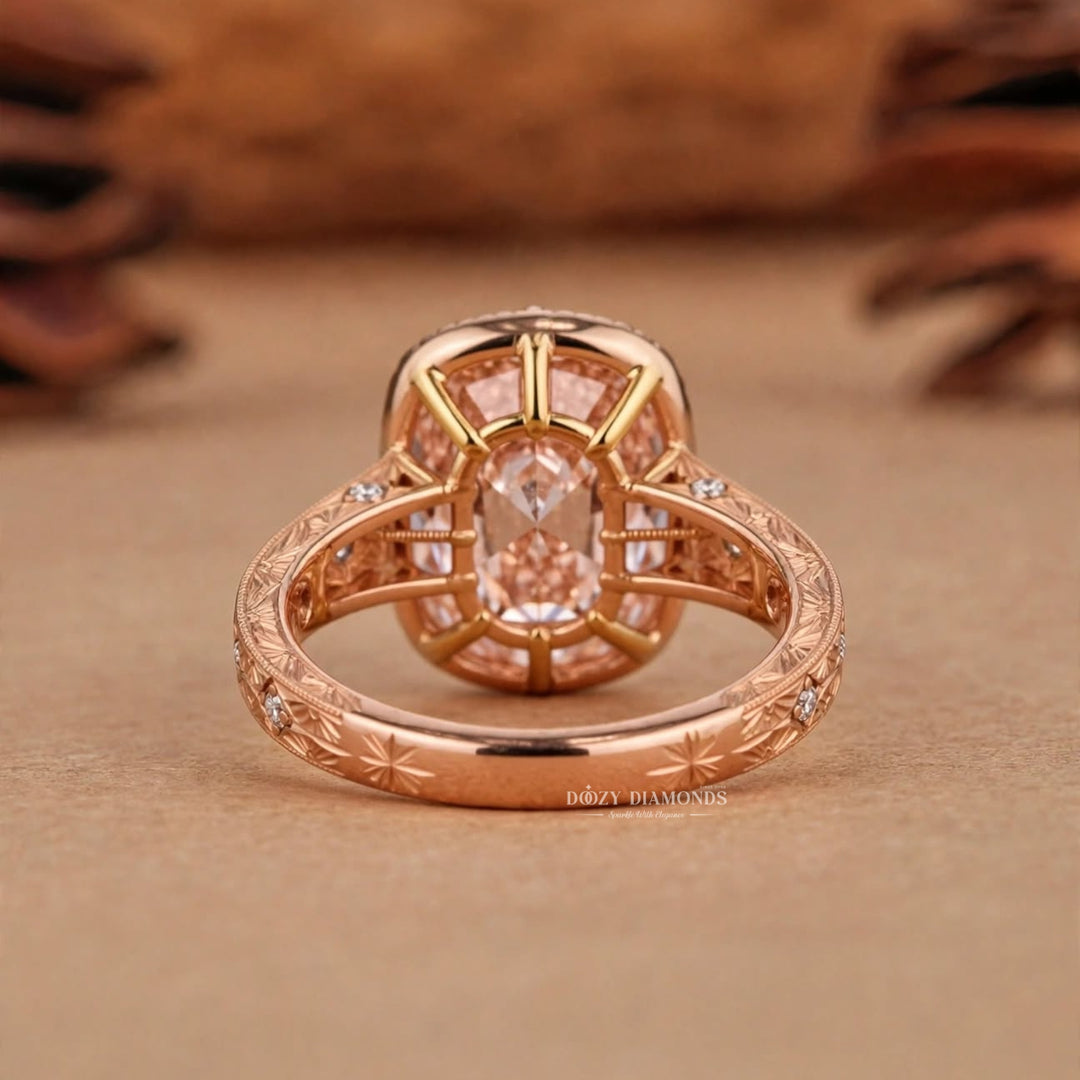 3.0CT Oldmine Elongated Cushion Pink Engraved Style Vintage Engagement Rings