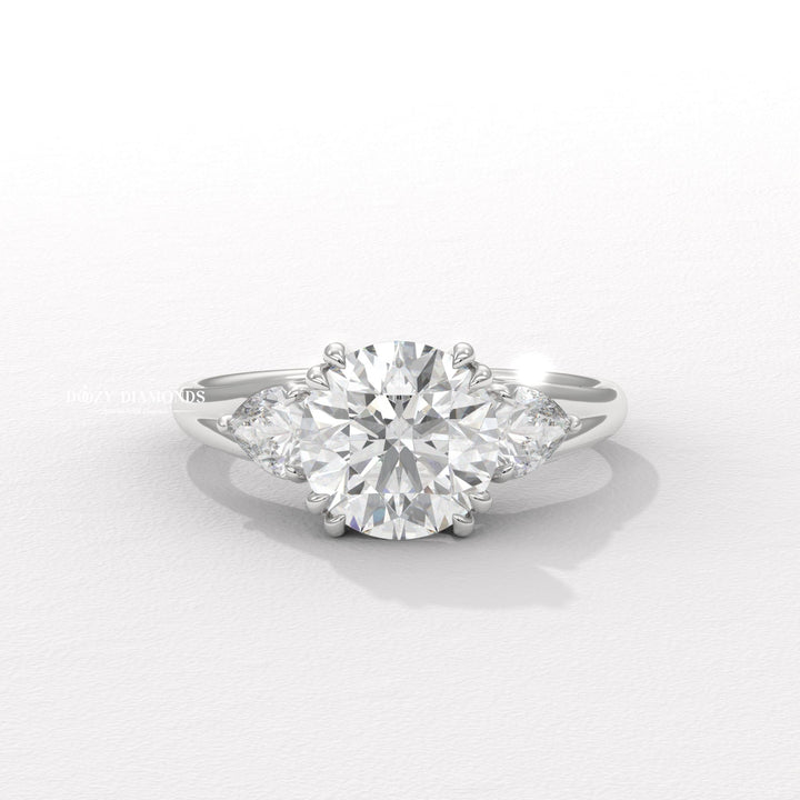 Side angle of round three stone diamond engagement ring