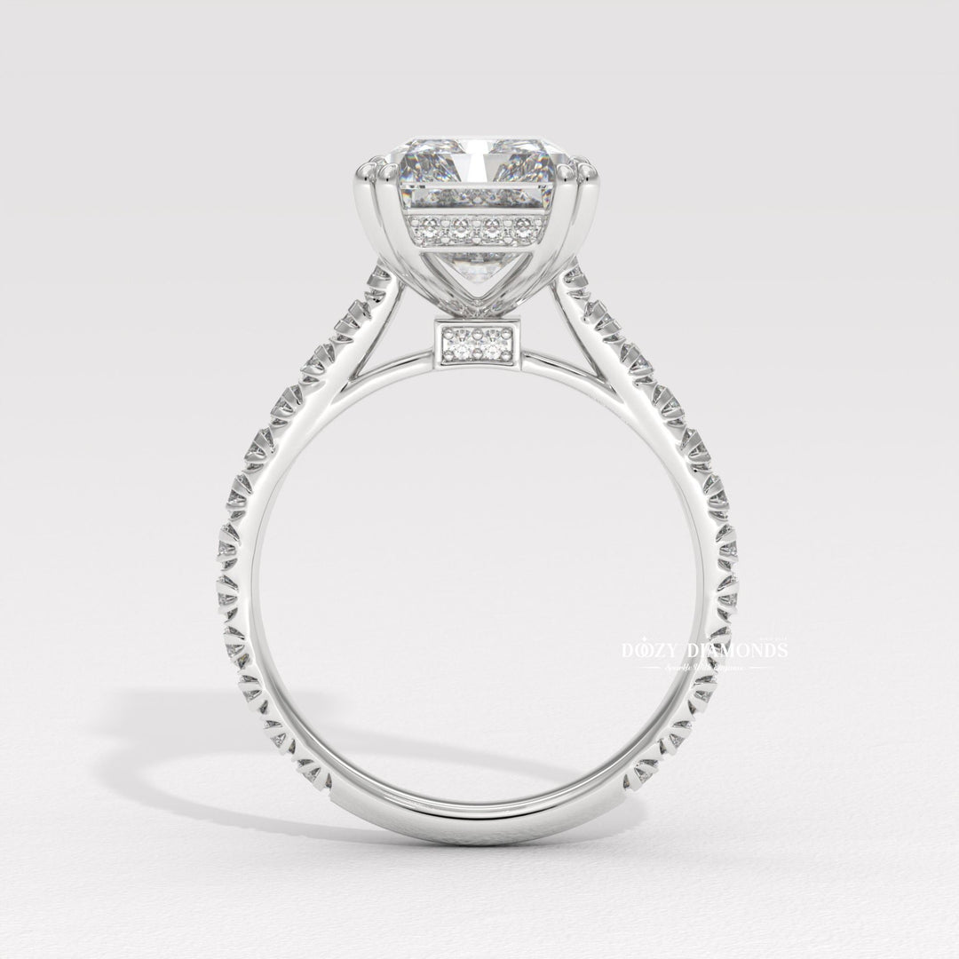 Radiant solitaire lab grown diamond ring side profile in gold setting