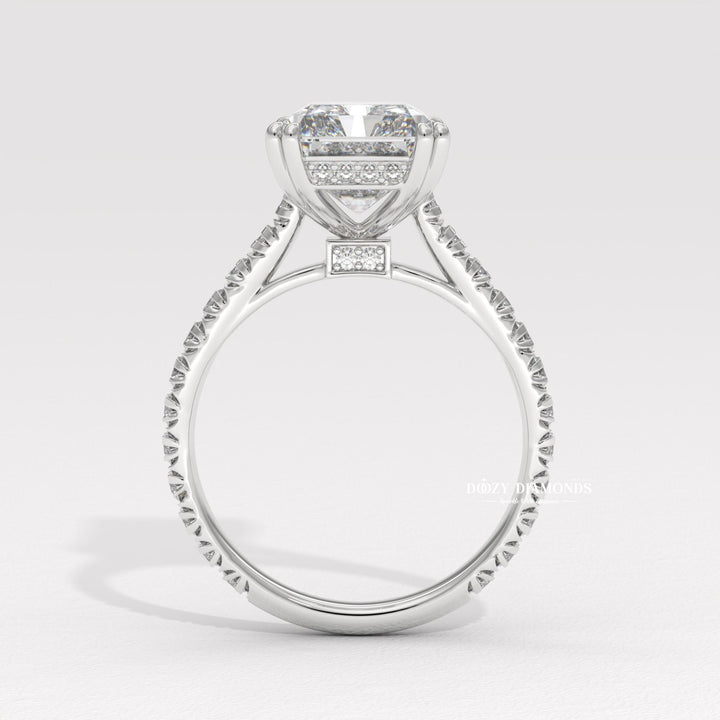 Radiant solitaire lab grown diamond ring side profile in gold setting