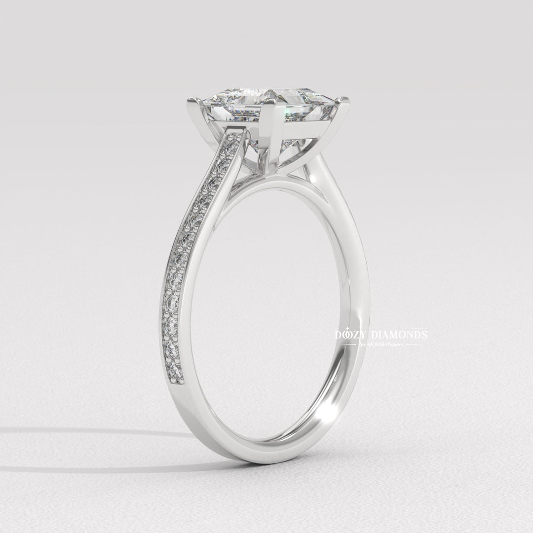 Princess solitaire lab grown diamond ring side profile in gold setting