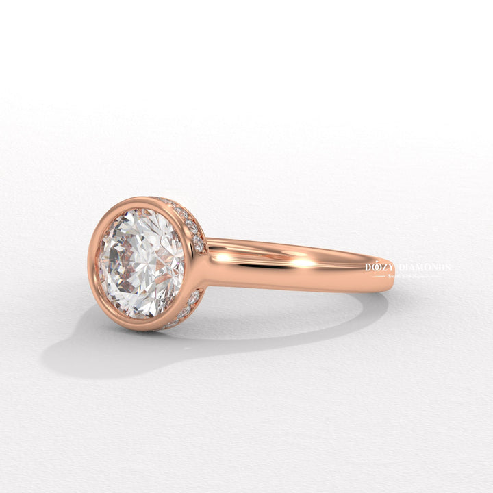 Round hidden halo lab grown diamond ring in jewelry gift box