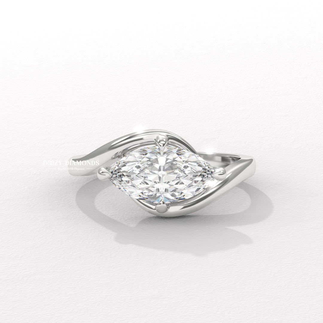 Marquise east west engagement ring close-up showing high clarity diamond clarity