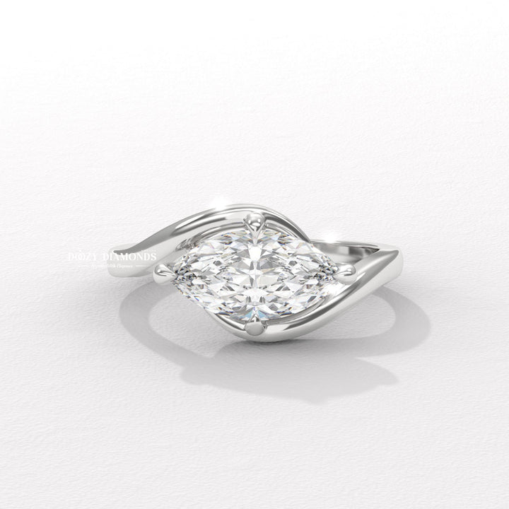 Marquise east west engagement ring close-up showing high clarity diamond clarity