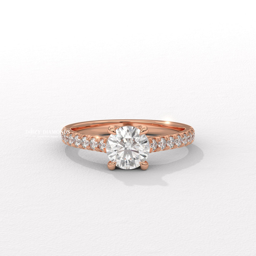 Round solitaire diamond ring displayed on jewelry stand