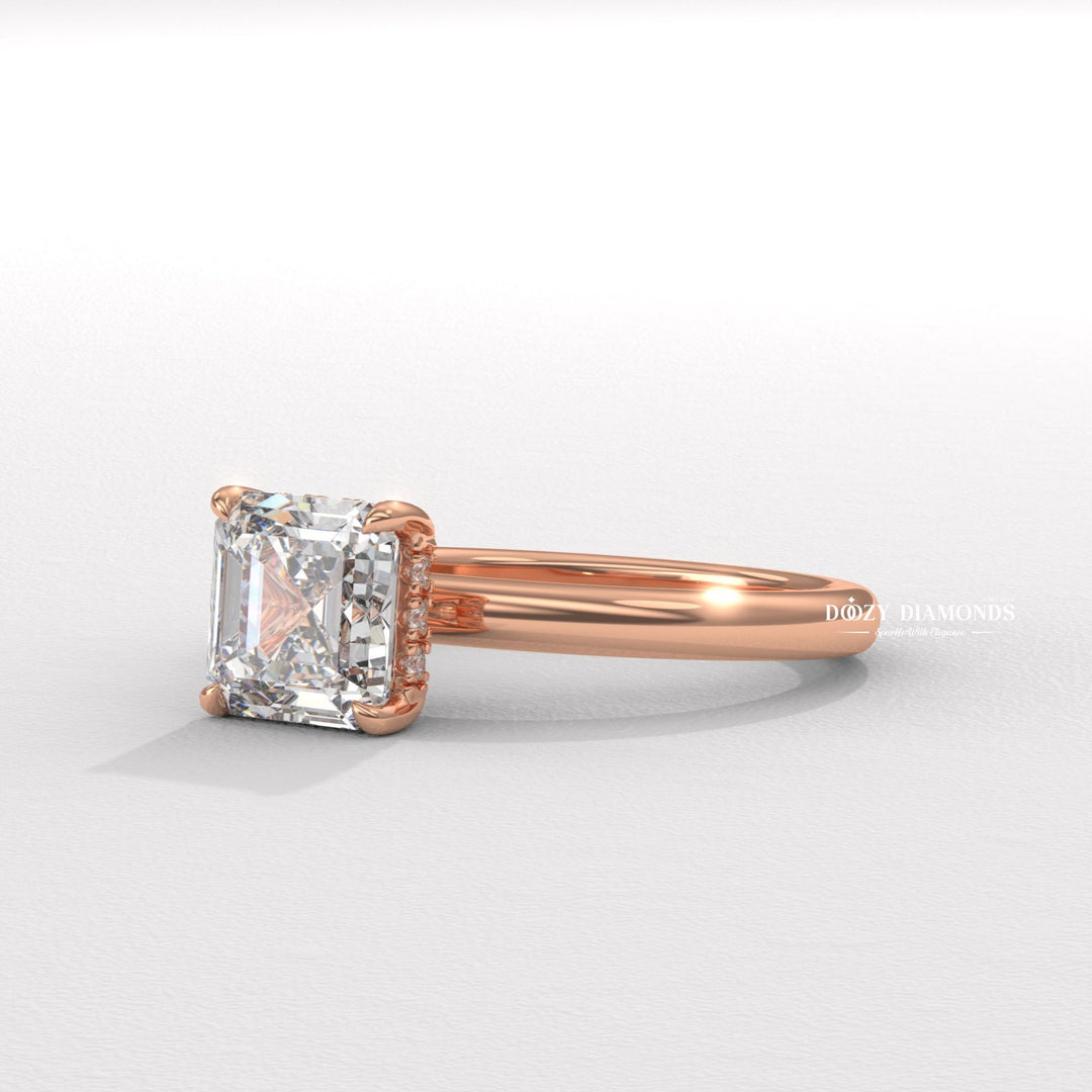 Asscher solitaire engagement ring viewed from the side