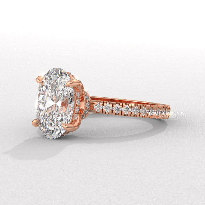 Oval pave lab grown diamond ring fitted on finger