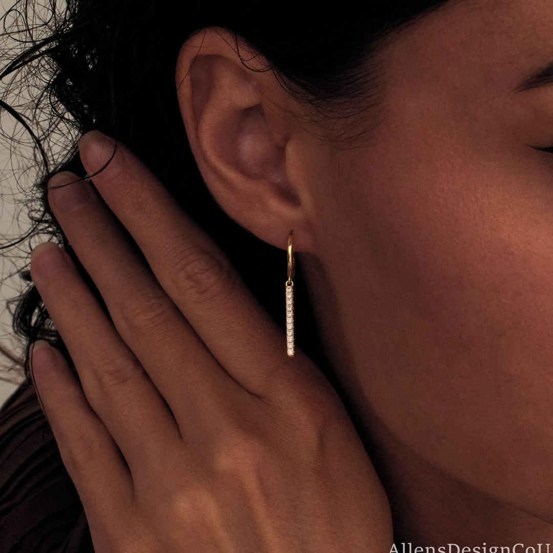 Round Cut Diamond Minimalist Long Bar Earrings for Her - Doozy Diamonds