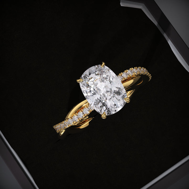 Cushion cut hidden halo engagement ring available to buy now