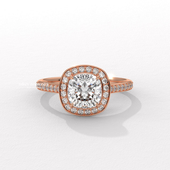 Cushion halo engagement ring viewed from the side