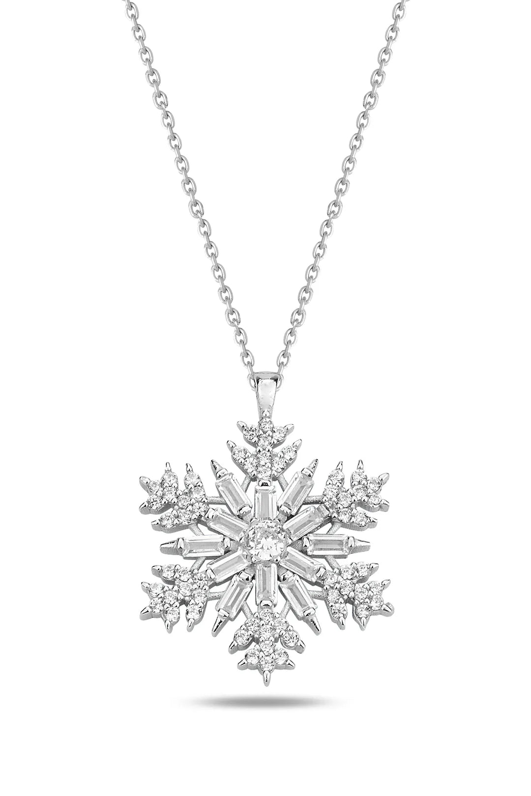 Round & Baguette Cut Stone Snowflake Necklace for Women - Doozy Diamonds