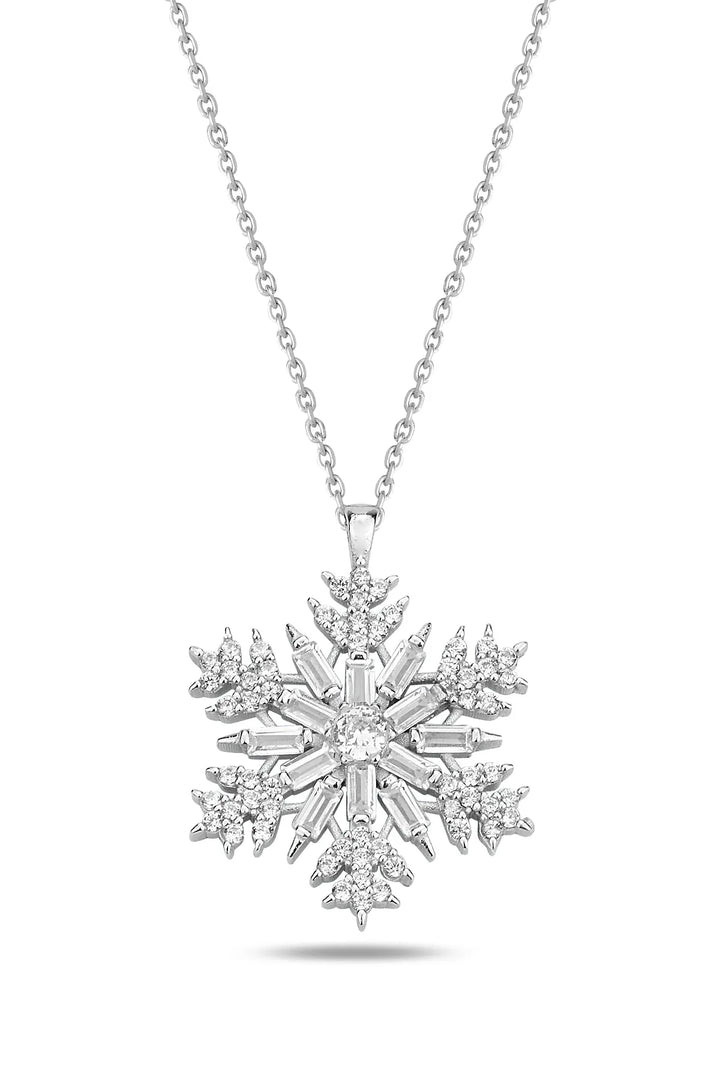 Round & Baguette Cut Stone Snowflake Necklace for Women - Doozy Diamonds