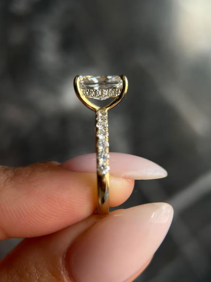 IGI certified radiant cut diamond in hidden halo engagement ring setting
