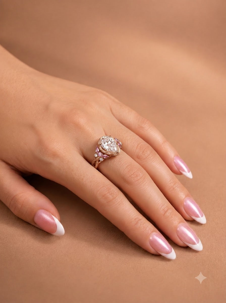2.0CT Pear Lab Grown Diamond Pink Sapphire Accents Nature Inspired Engagement Rings