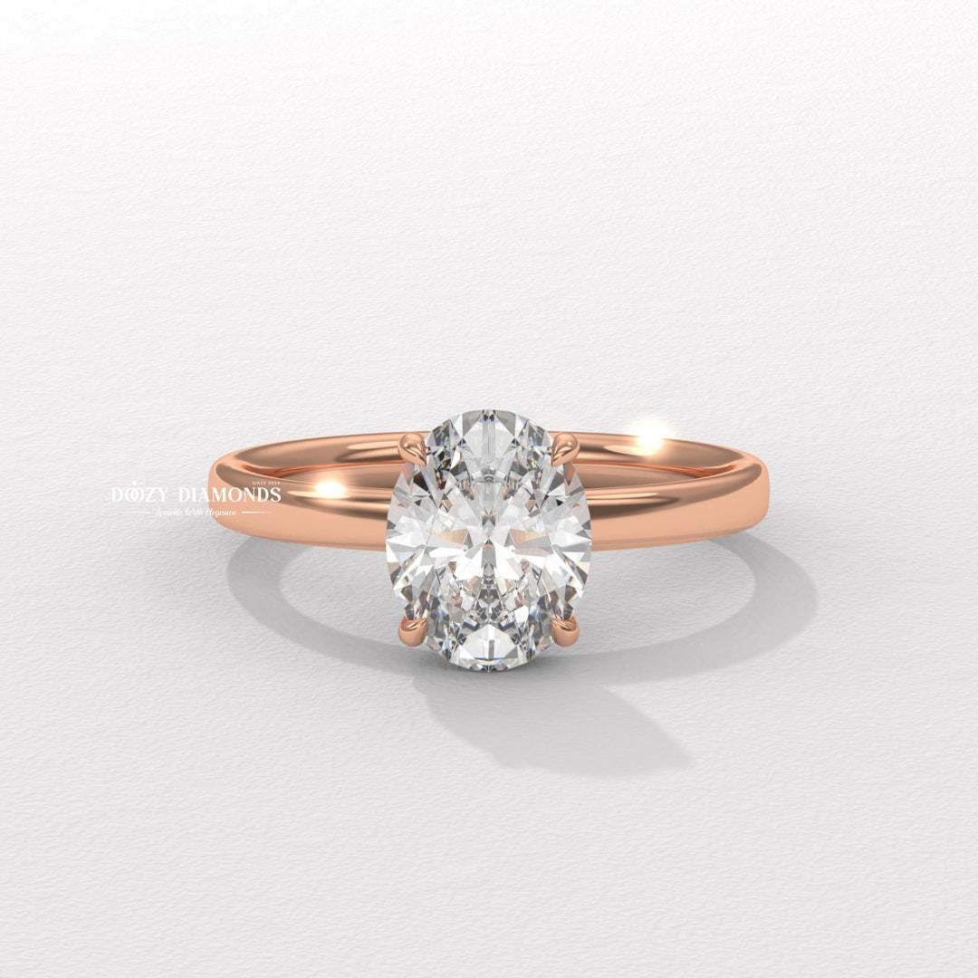 Oval cut solitaire engagement ring shown in real-life wear