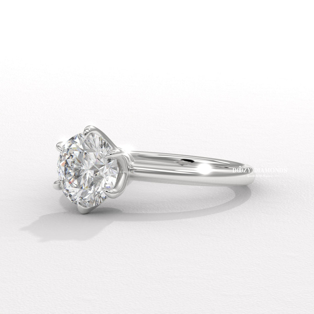 Round solitaire lab grown diamond ring fitted on finger